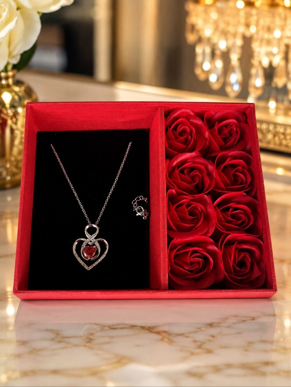 Silver Heart Pendant Necklace with Red Gem